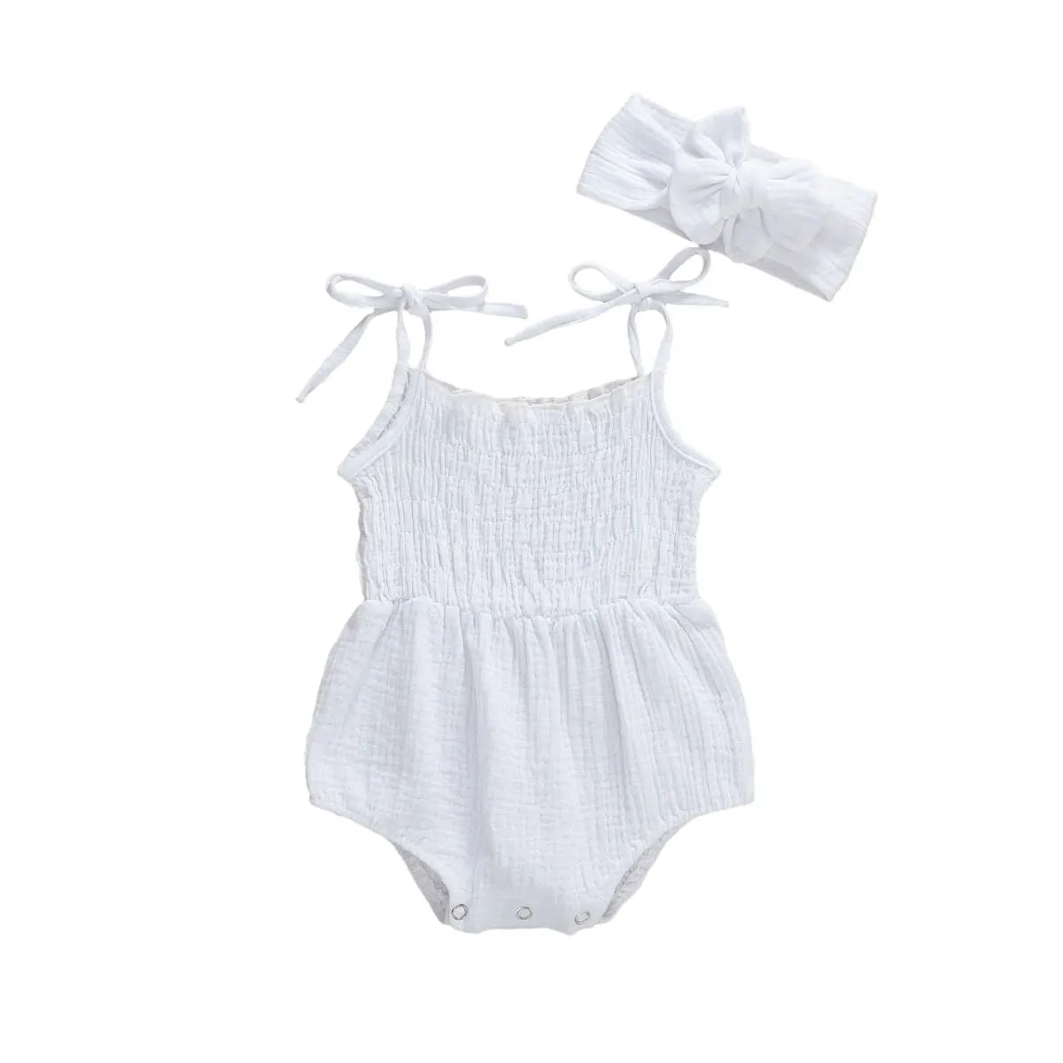 Summer Solid Newborn Baby Girls Cotton Linen Bodysuits Sleeveless Strap Jumpsuits+Headband 2Pcs Outfits Beachwear