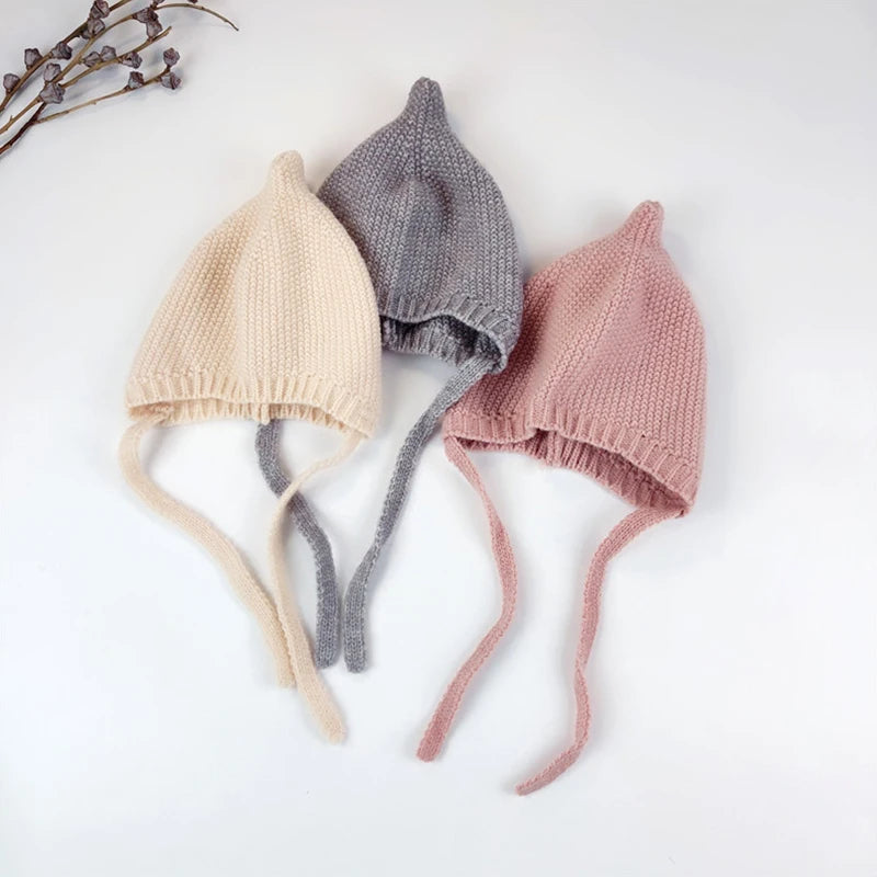 Candy Color Baby Knit Hat Autumn Winter Infant Ear Protection Cap Cute Cartoon Kids Boy Girl Lacing Beanie Caps