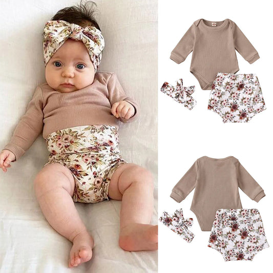 Baby Girls Clothing Sets Summer Ribbed Bodysuit+Floral Shorts+Headband Suit Childrens Girl Clothes