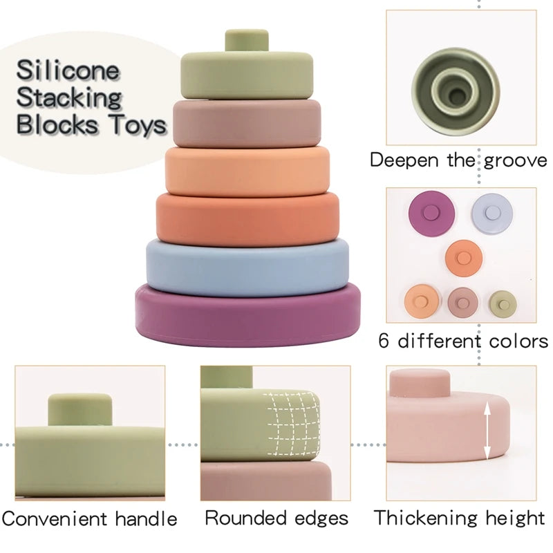 6pcs Baby Toy Soft Building Blocks Silicone Stacking Blocks Round Shape Silicone Construction Toy Rubber Teethers Montessori Toy