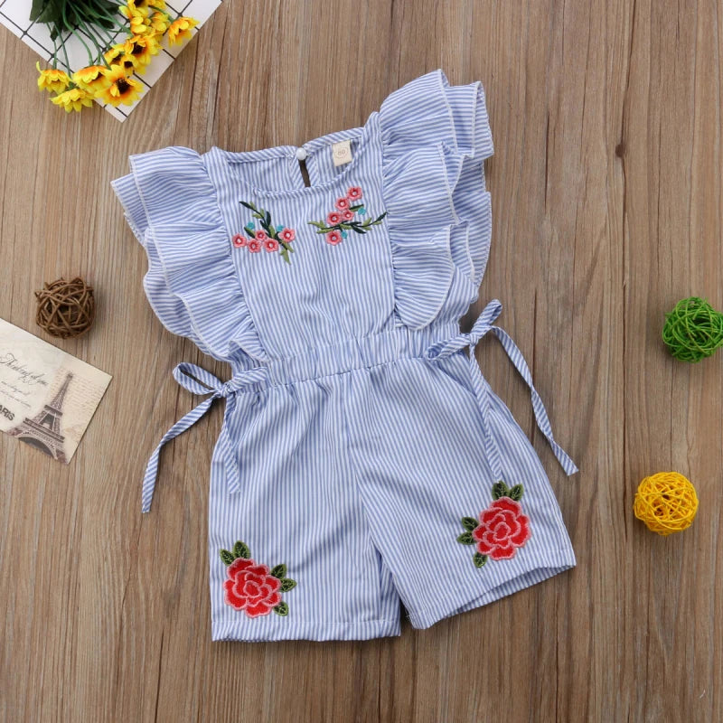 Toddler Kids Baby Girl Flower Stripe Ruffle Romper Jumpsuit Outfits Clothes