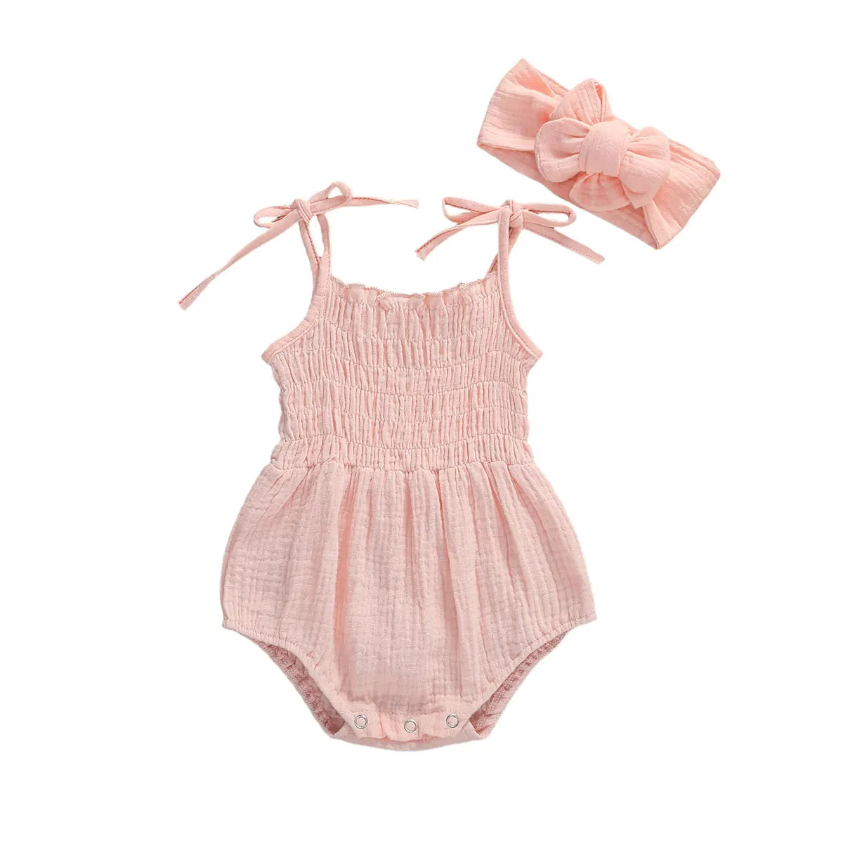 Summer Solid Newborn Baby Girls Cotton Linen Bodysuits Sleeveless Strap Jumpsuits+Headband 2Pcs Outfits Beachwear