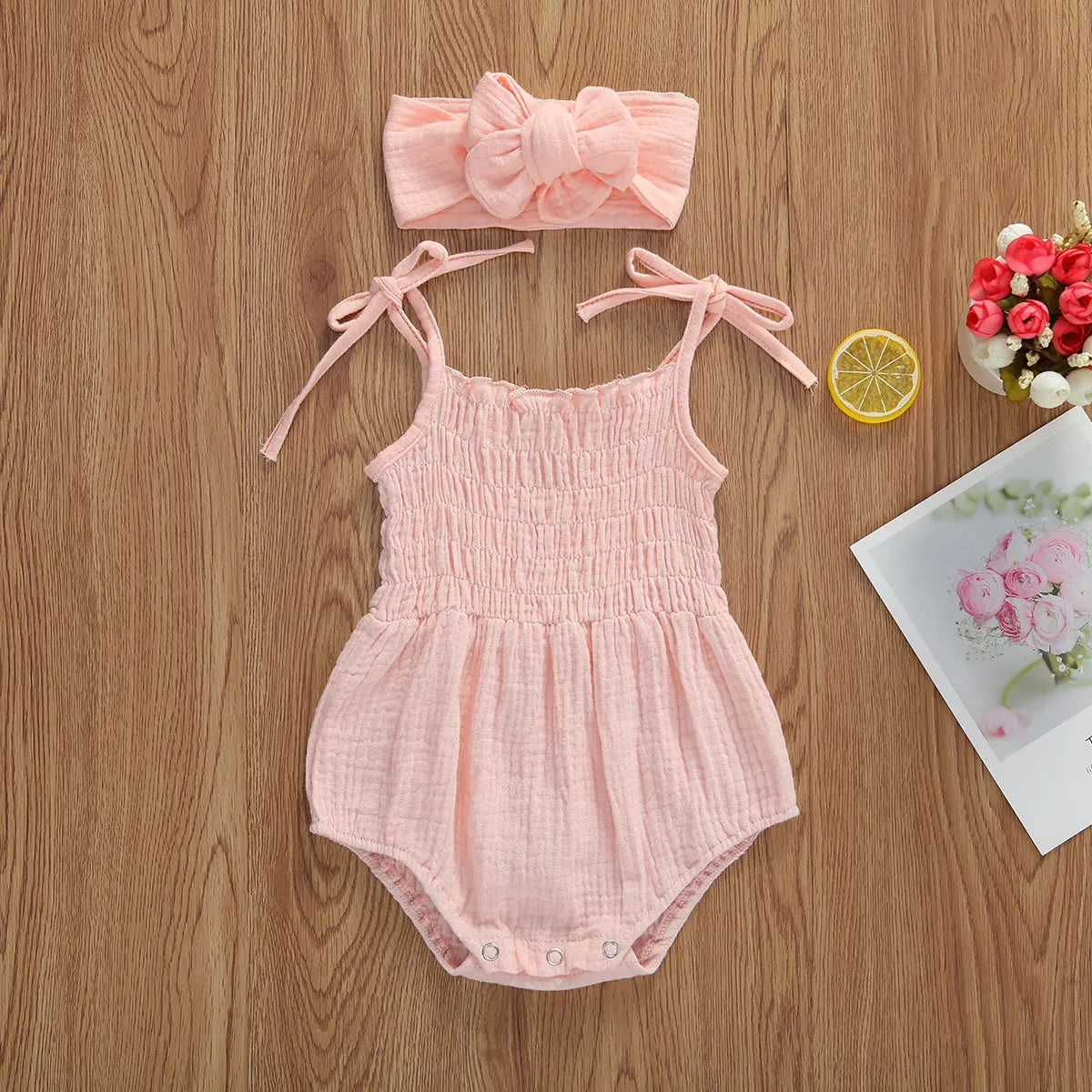 Summer Solid Newborn Baby Girls Cotton Linen Bodysuits Sleeveless Strap Jumpsuits+Headband 2Pcs Outfits Beachwear