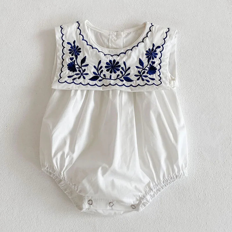 Infant Baby Girls Jumpsuit Navy Collar Embroidery Cotton Newborn Baby Girl Bodysuits Summer Baby Girls Clothes