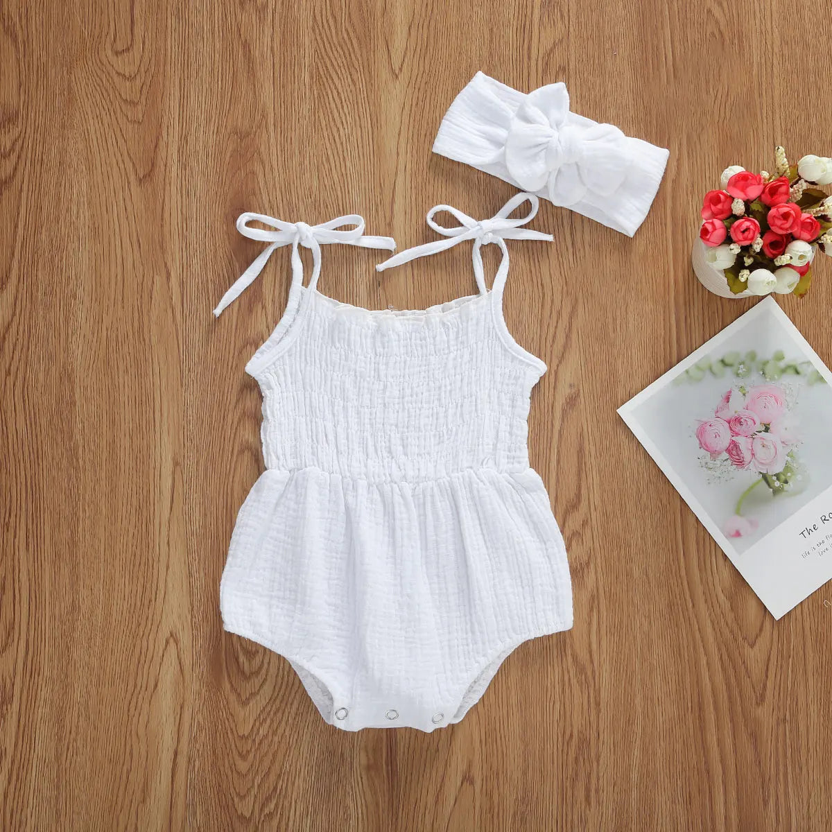 Summer Solid Newborn Baby Girls Cotton Linen Bodysuits Sleeveless Strap Jumpsuits+Headband 2Pcs Outfits Beachwear