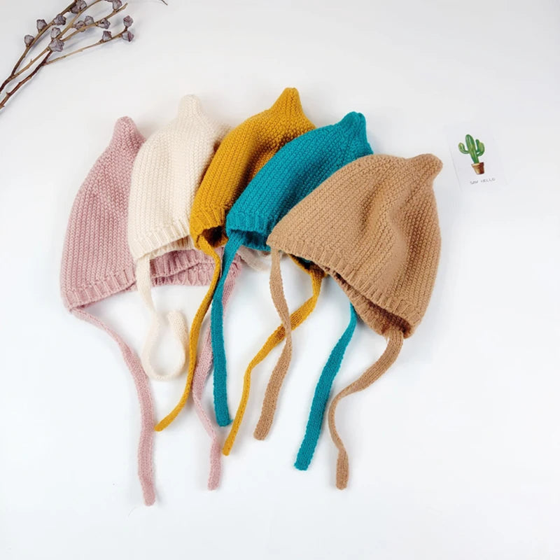 Candy Color Baby Knit Hat Autumn Winter Infant Ear Protection Cap Cute Cartoon Kids Boy Girl Lacing Beanie Caps