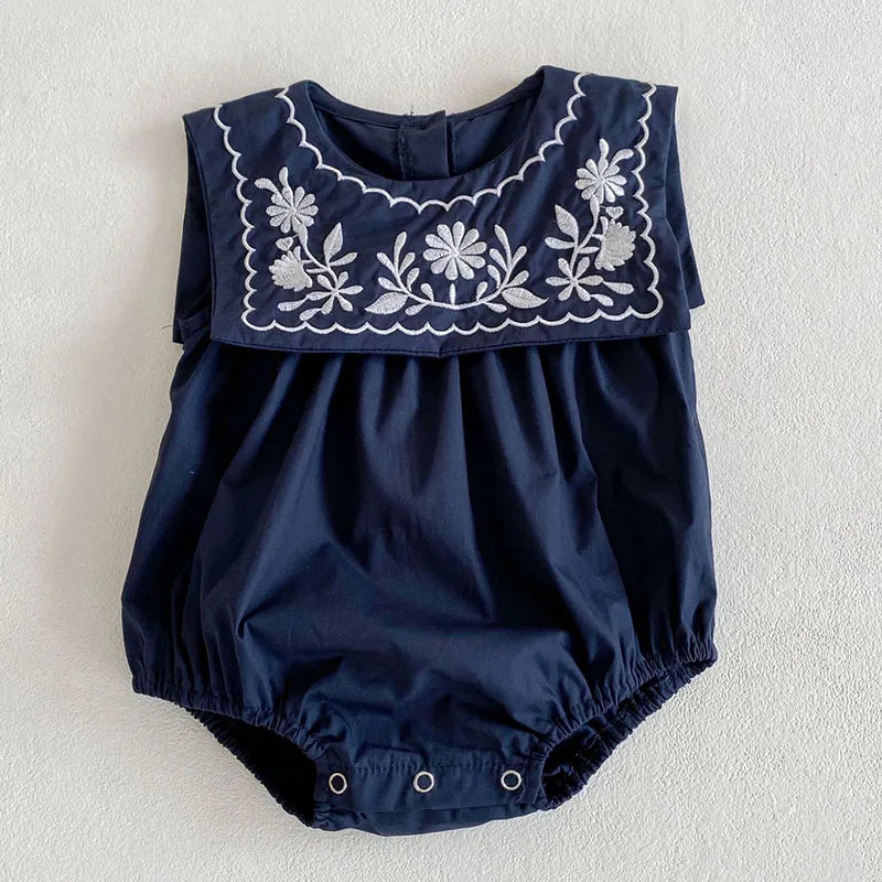 Infant Baby Girls Jumpsuit Navy Collar Embroidery Cotton Newborn Baby Girl Bodysuits Summer Baby Girls Clothes