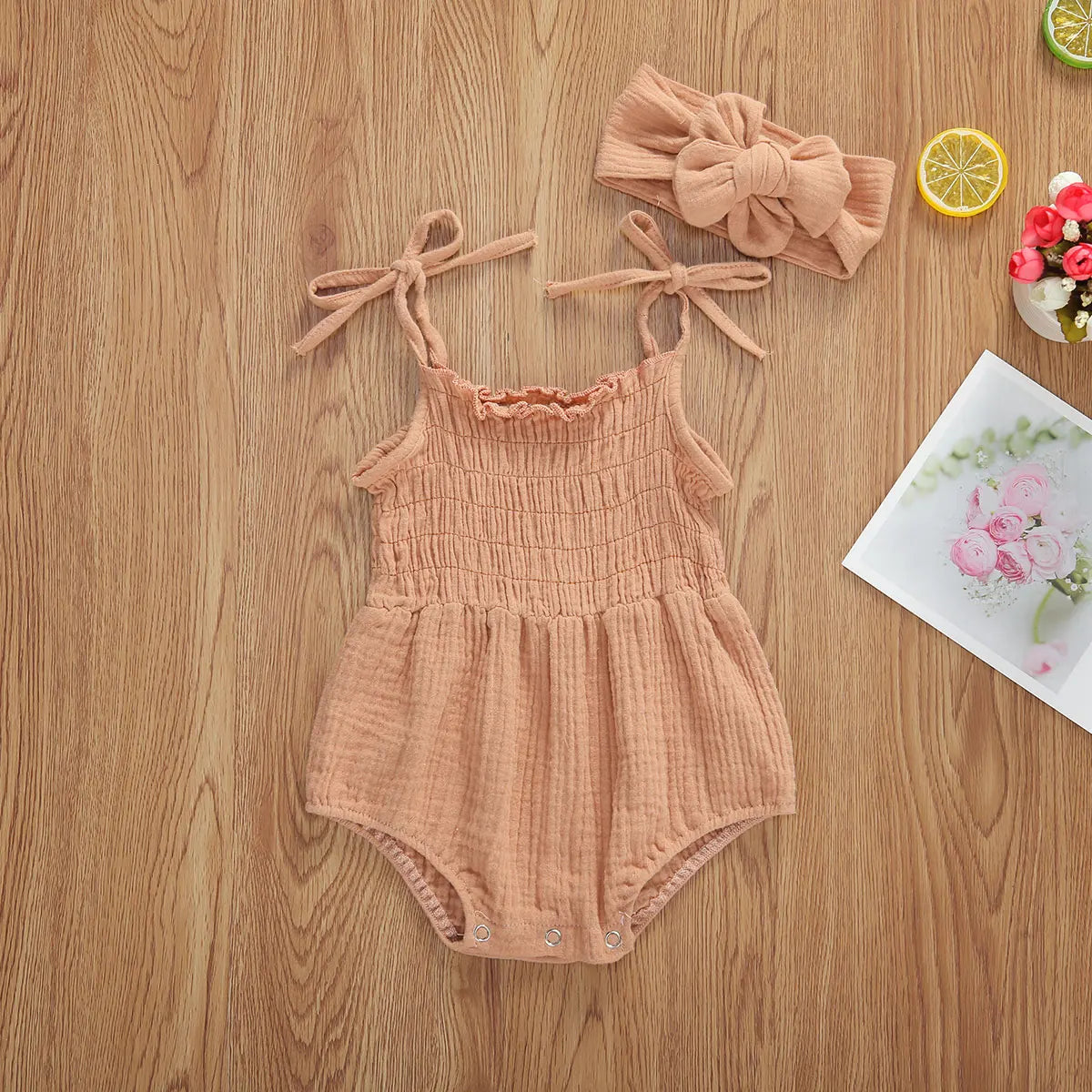 Summer Solid Newborn Baby Girls Cotton Linen Bodysuits Sleeveless Strap Jumpsuits+Headband 2Pcs Outfits Beachwear