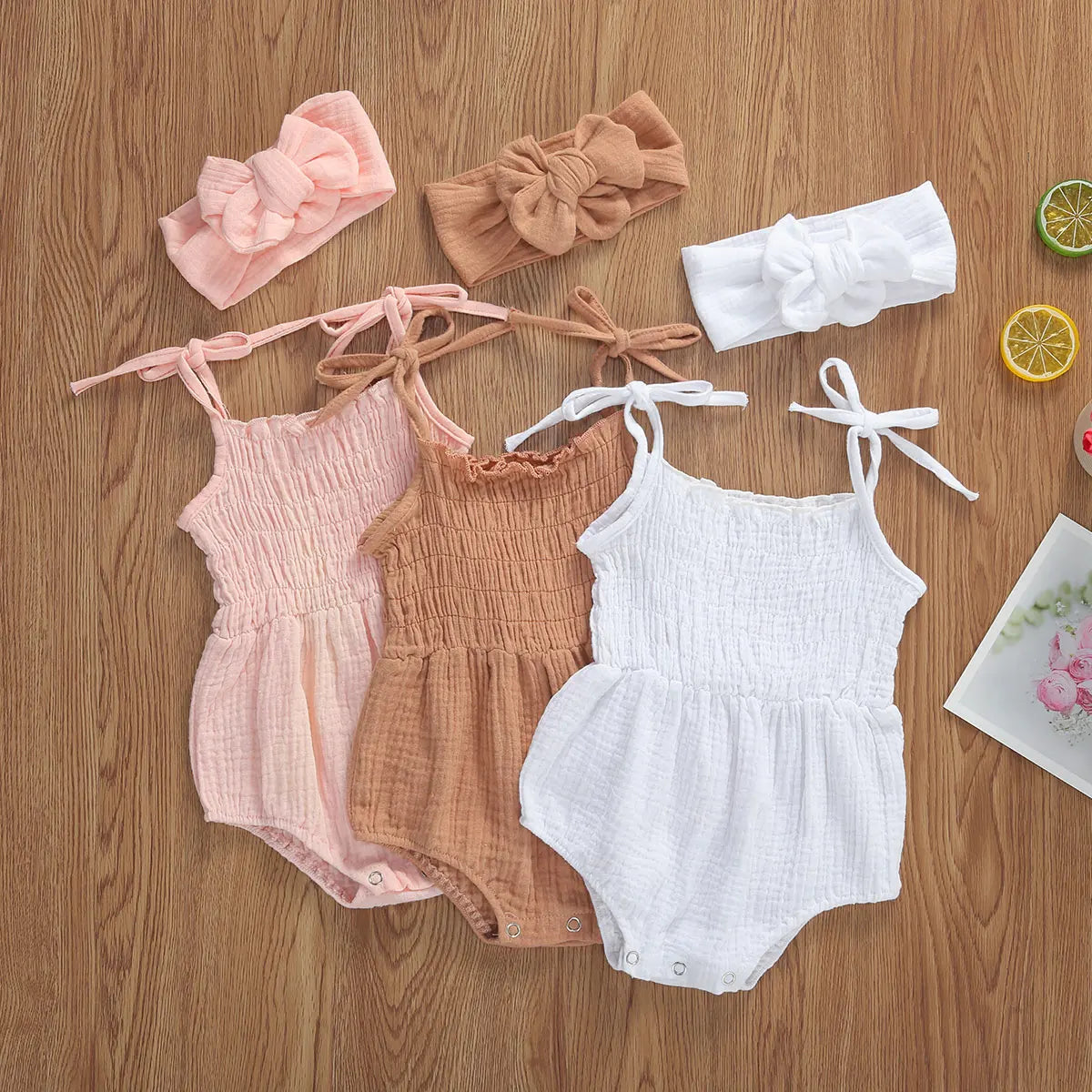 Summer Solid Newborn Baby Girls Cotton Linen Bodysuits Sleeveless Strap Jumpsuits+Headband 2Pcs Outfits Beachwear