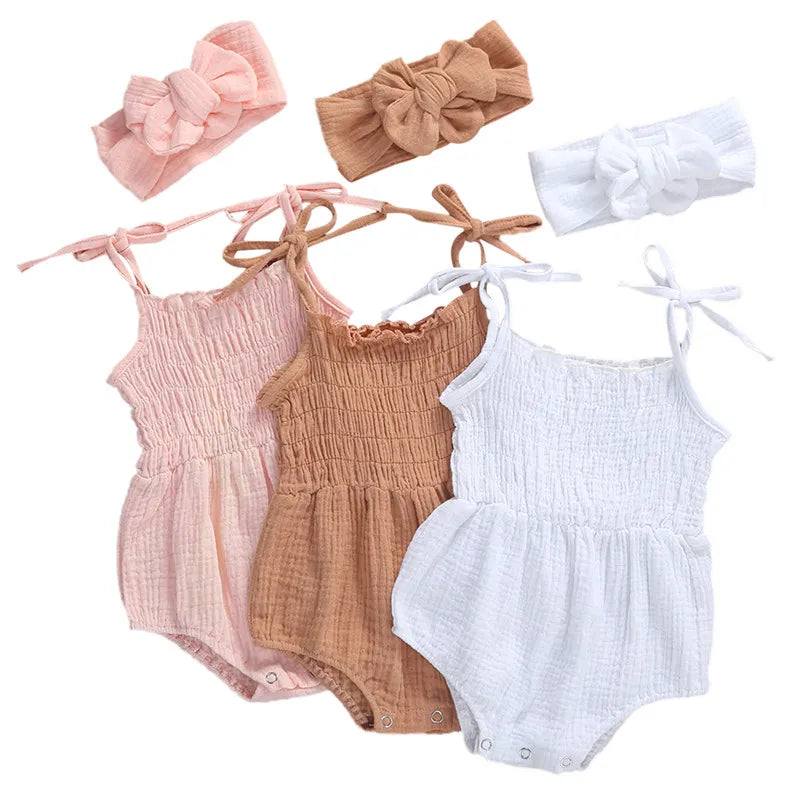 Summer Solid Newborn Baby Girls Cotton Linen Bodysuits Sleeveless Strap Jumpsuits+Headband 2Pcs Outfits Beachwear