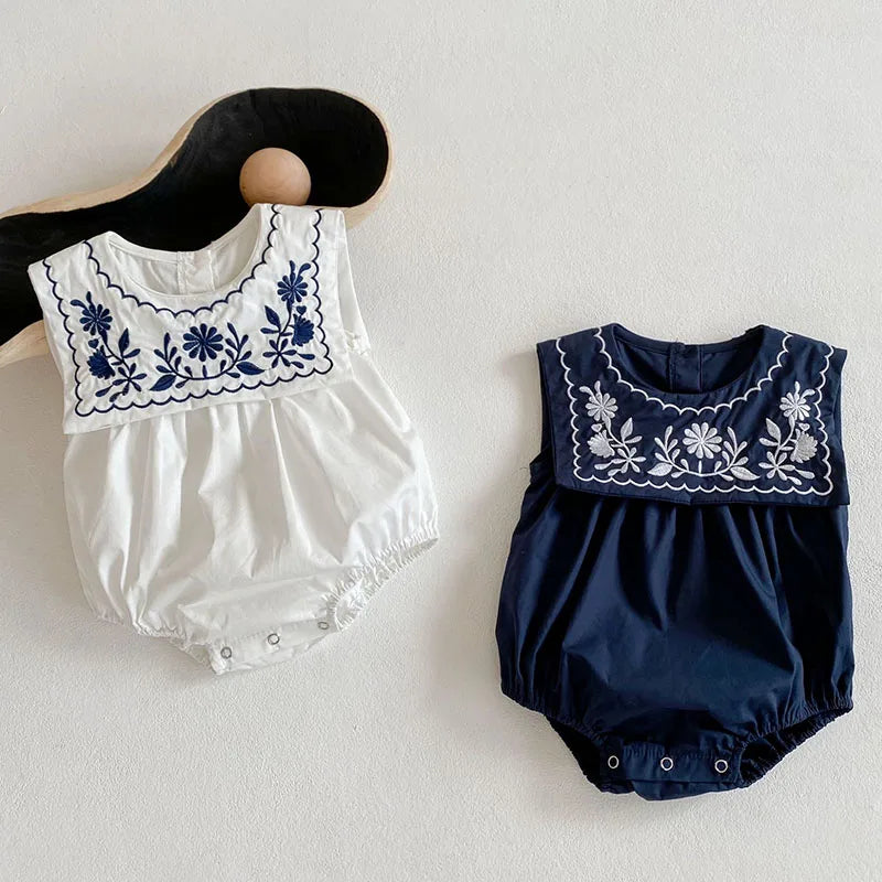 Infant Baby Girls Jumpsuit Navy Collar Embroidery Cotton Newborn Baby Girl Bodysuits Summer Baby Girls Clothes