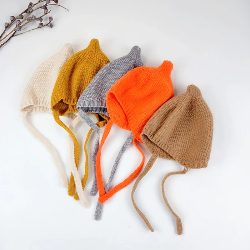 Candy Color Baby Knit Hat Autumn Winter Infant Ear Protection Cap Cute Cartoon Kids Boy Girl Lacing Beanie Caps