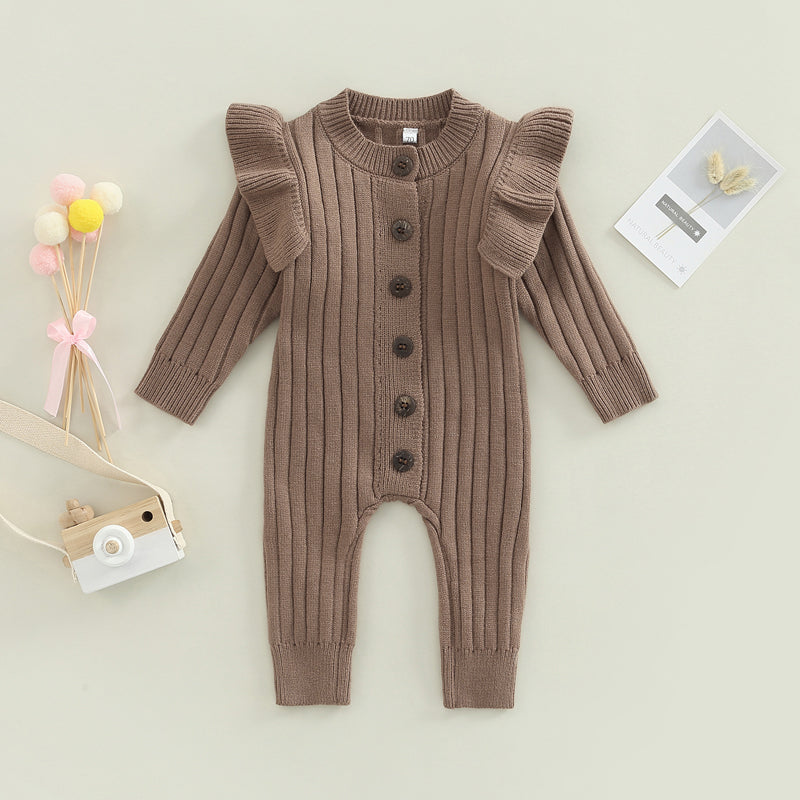 Lioraitiin 0-18M Baby Girl’s Knitted Long Sleeve Jumpsuit Fashion Solid Round Neck Button Casual Long Romper