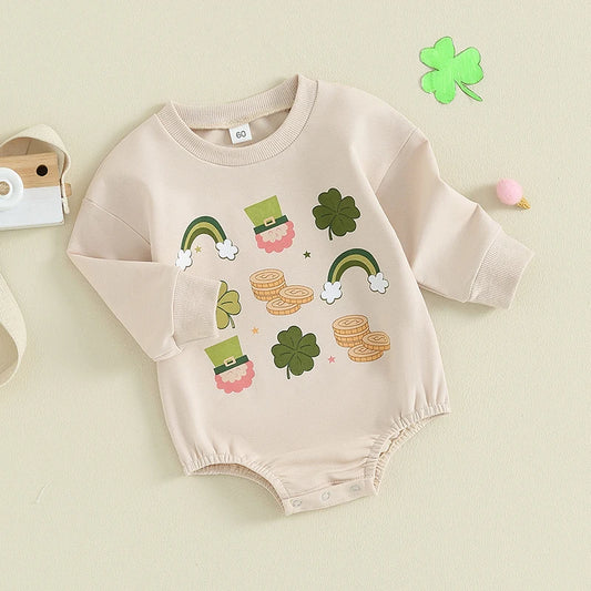 St Patrick's Day Baby Girl Romper Shamrock Rainbow Print Round Neck Long Sleeve Jumpsuit Toddler Outfit for Irish Festivals