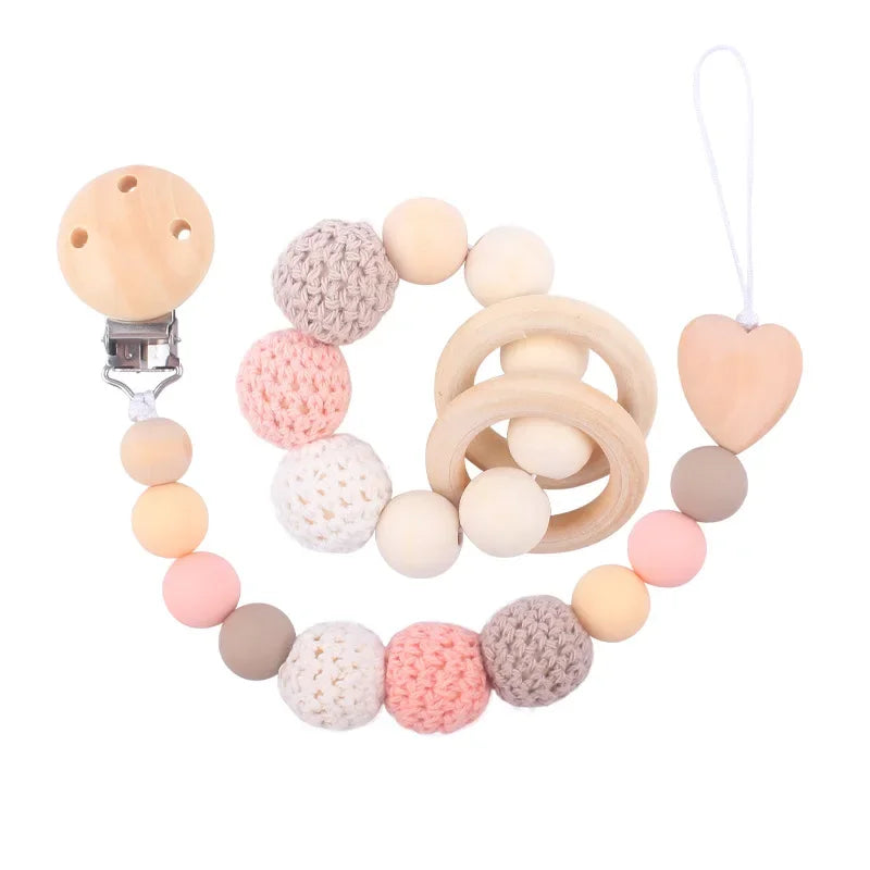 1-2 pcs Baby Pacifier Clip Wooden Teethers Bracelet Set Silicone Beads Babies Soothe Nipple Teething Toys Anti-lost Chain Newborn