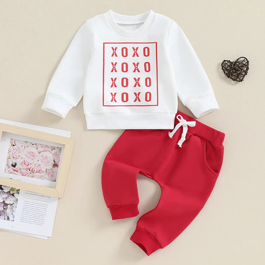 Lioraitiin 0-3Y Toddler Baby Boy Girl Valentines Day Outfit Sweatshirt Pants 2pcs Set Infant Shirt Top Sweatsuit Clothes