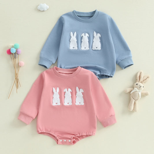 Long Sleeve Baby Girl Easter Sweatshirt Romper Cute Bunny Embroidered Casual Adorable Spring Fall Newborn Jumpsuits Clothes