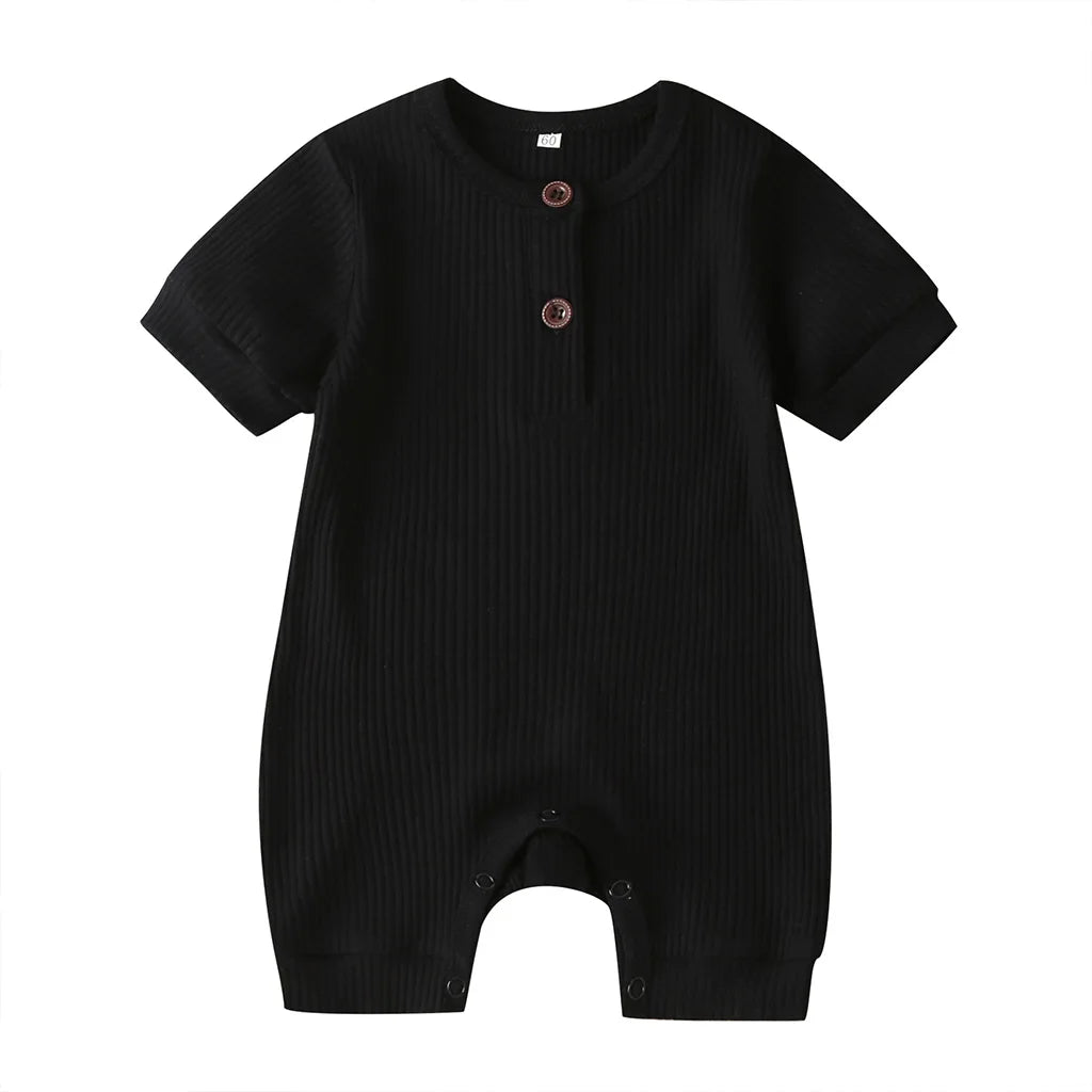 Baby Boys Girls Short Sleeve Romper Summer Toddler Clothes Infant Solid Color Knit Rib O Neck Jumpsuits Playsuit Outfits