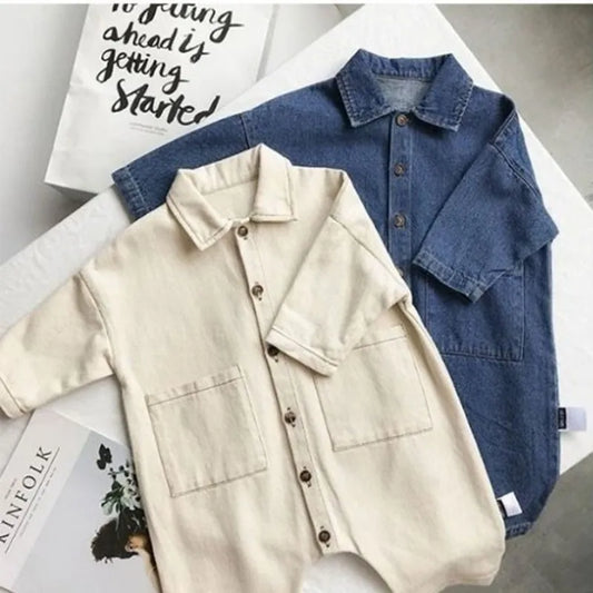 New Autumn Baby Cardigan Dungarees Style Casual Romper Boy Girl Children Solid Full Sleeves Denim Jumpsuit Kid Cotton One-piece