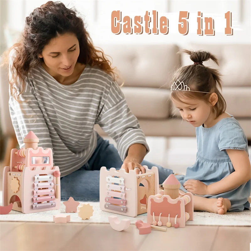 Baby Montessori Toy Wooden Five-in-one Mushroom Castle Stacking Puzzle Toy Kid Houses Blocks Early Childhood Education Game Gift