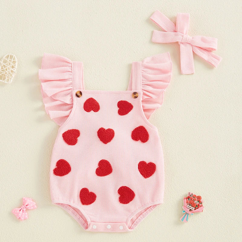 Sweet Style Newborn Girls Romper Summer Sleeveless Infant Clothes Princess Heart Bodysuit with Hairband Valentine’s Day Clothes