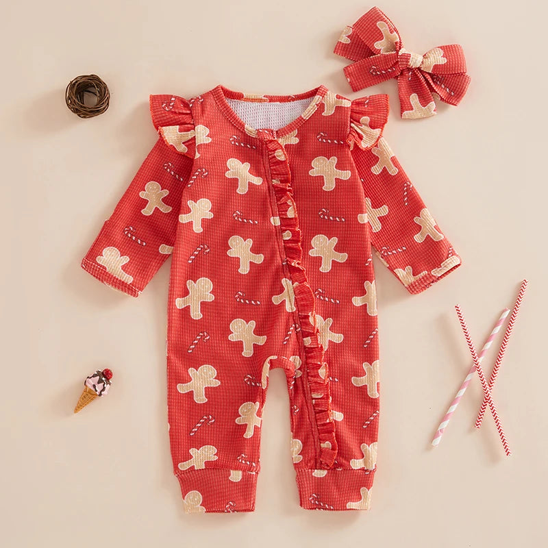 Baby Girl Christmas Outfit Gingerbread Man Jumpsuit Candy Cane Bodysuit Bow Neutral Fall Winter 1 Piece Romper