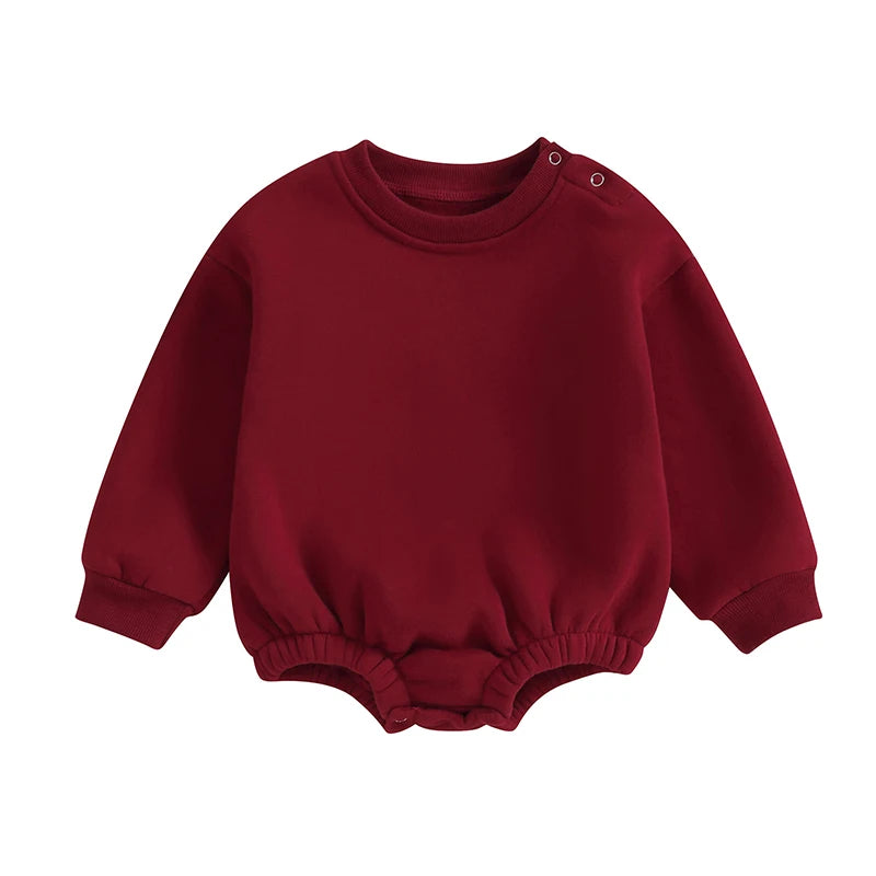 Lioraitiin 0-18M Newborn Baby Boy Girl Outfits Fleece Solid Color Bubble Bodysuit Sweatshirt Long Sleeve Warm Clothes