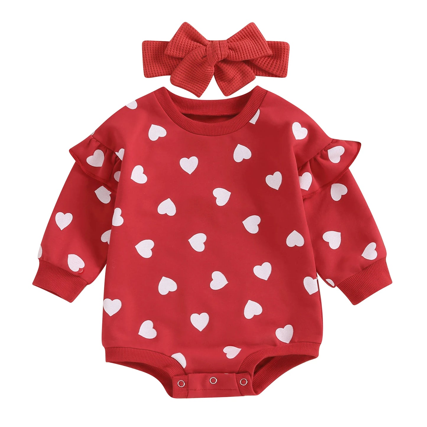 Citgeett Spring Valentine's Day Infant Baby Girl Outfits Ruffle Long Sleeve Heart Print Bodysuit Headband Set Autumn Clothes