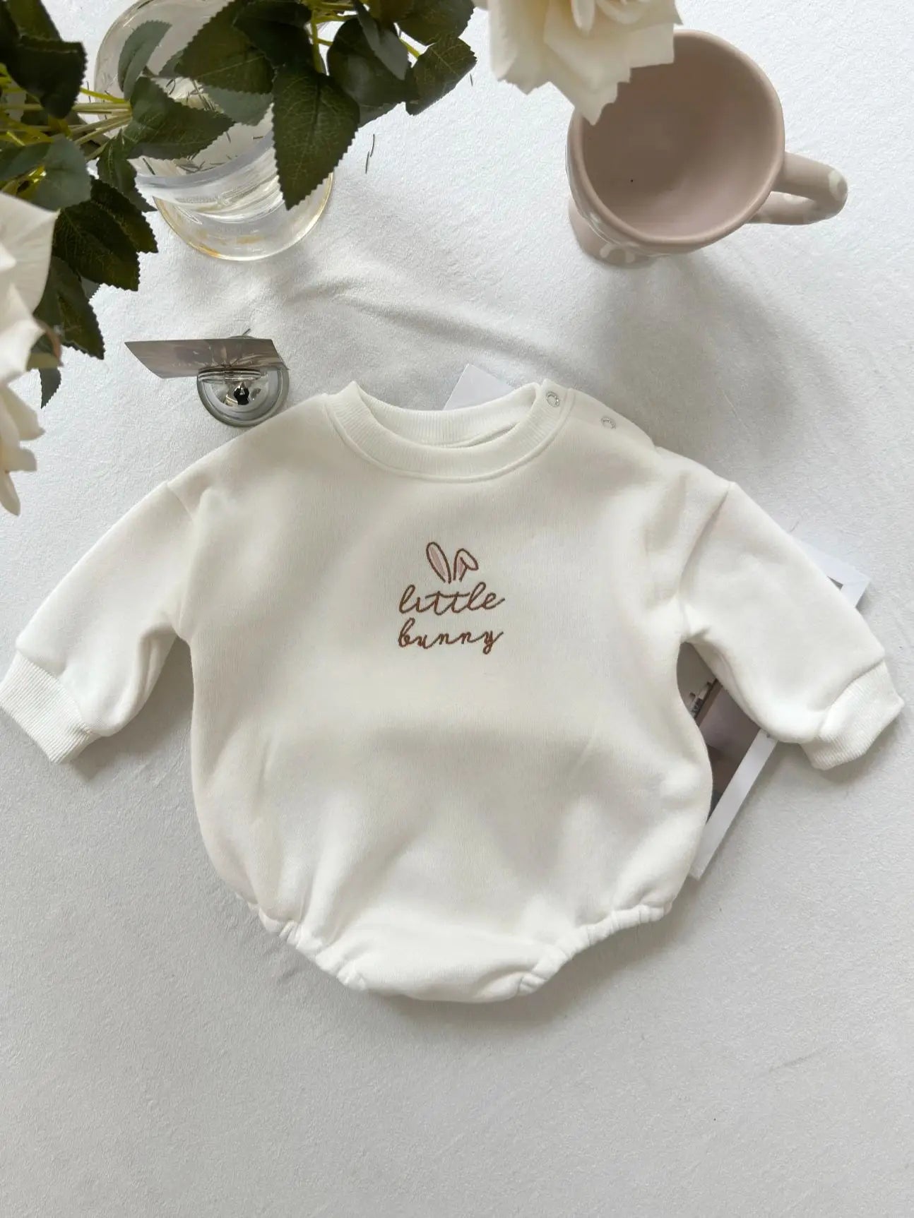 Little Bunny letter embroidered neutral baby long sleeved plush winter romper