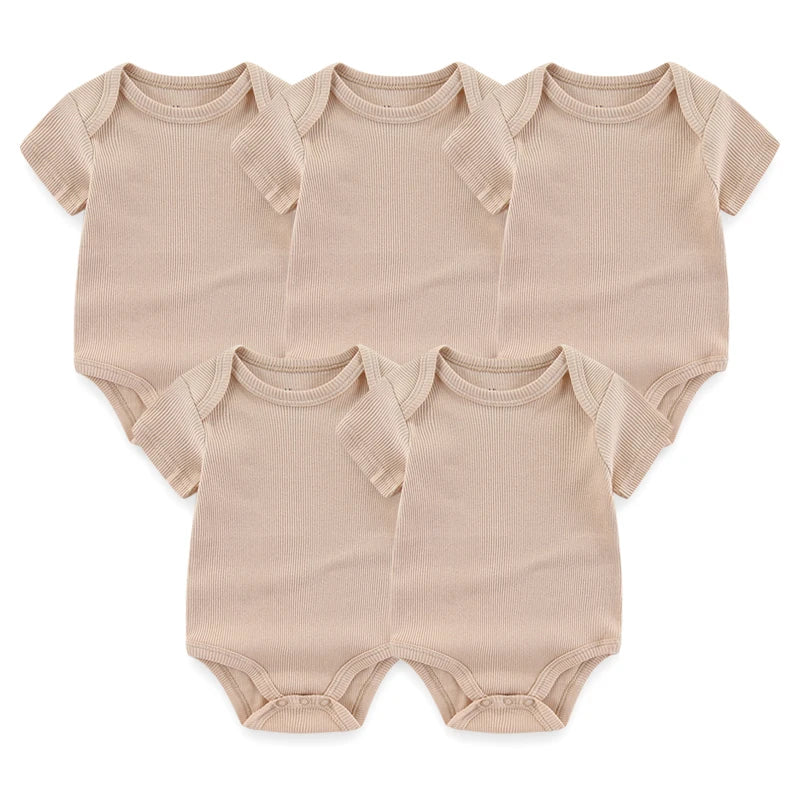 Solid Color 5Pieces Unisex Ribbed Cotton Newborn Baby Girl Clothes Set Short Sleeve Bodysuits Baby Boy Clothes Summer