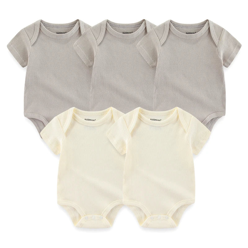 Solid Color 5Pieces Unisex Ribbed Cotton Newborn Baby Girl Clothes Set Short Sleeve Bodysuits Baby Boy Clothes Summer