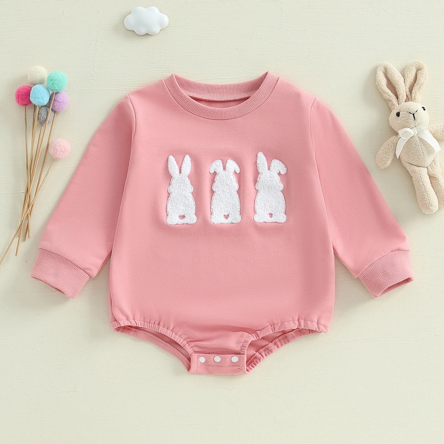 Long Sleeve Baby Girl Easter Sweatshirt Romper Cute Bunny Embroidered Casual Adorable Spring Fall Newborn Jumpsuits Clothes