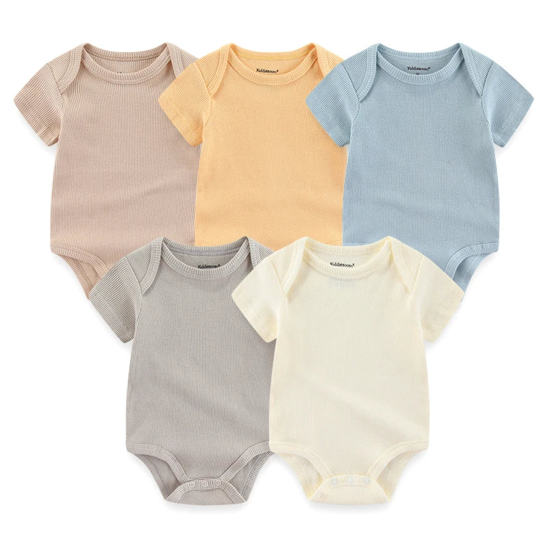 Solid Color 5Pieces Unisex Ribbed Cotton Newborn Baby Girl Clothes Set Short Sleeve Bodysuits Baby Boy Clothes Summer