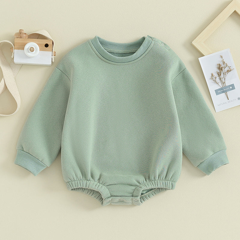 Lioraitiin 0-18M Newborn Baby Boy Girl Outfits Fleece Solid Color Bubble Bodysuit Sweatshirt Long Sleeve Warm Clothes