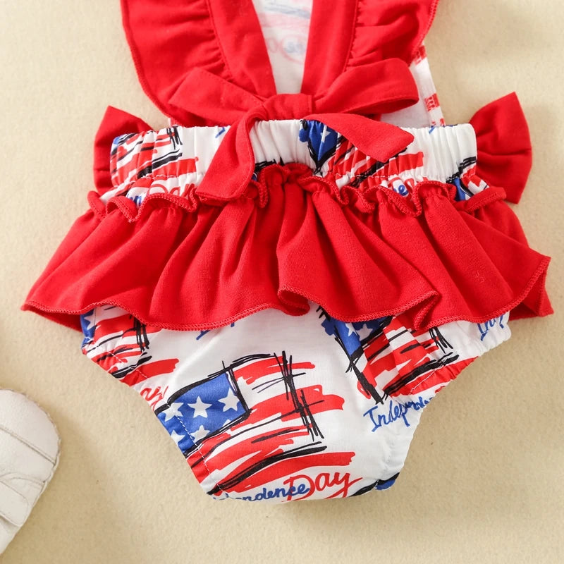 Pudcoco Baby Girl 4th of July Outfit Letter American Flag Print Fly Sleeve Romper Bow Headband 2 Piece Summer Set Infant Toddler