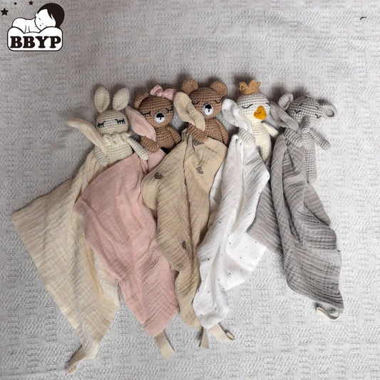 Handmade Baby Cotton Muslin Comfortable Blanket Cute Cat Doll For Infant Kids Sleep Appease Towel Rabbit Bear Saliva Scarf