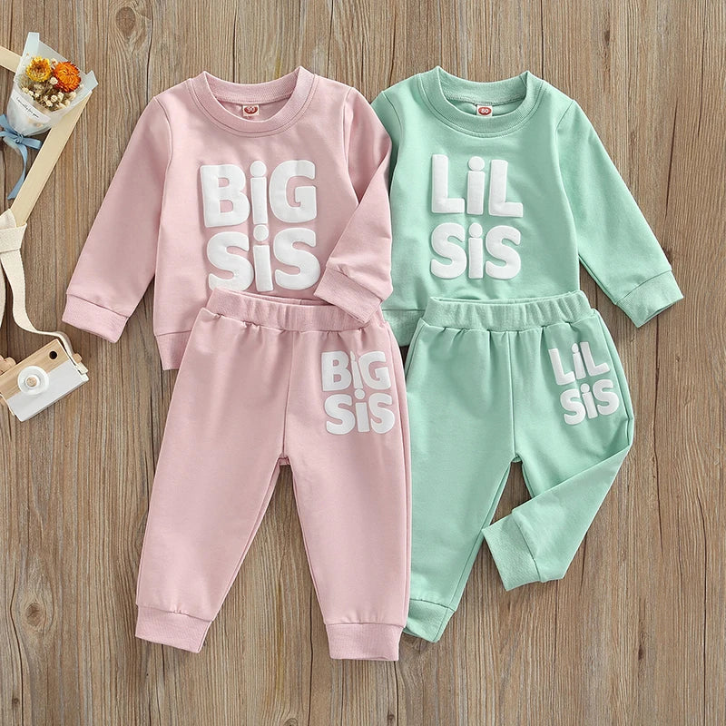 Lioraitiin 0-5Y Autumn Baby Girls Sister Lovely Clothes Sets Letter Printed Long Sleeve Pullover Sweatshirt+Pants