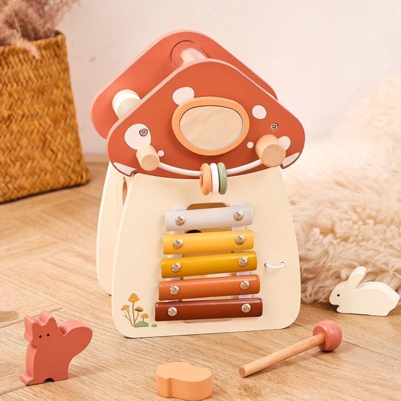 Baby Montessori Toy Wooden Five-in-one Mushroom Castle Stacking Puzzle Toy Kid Houses Blocks Early Childhood Education Game Gift