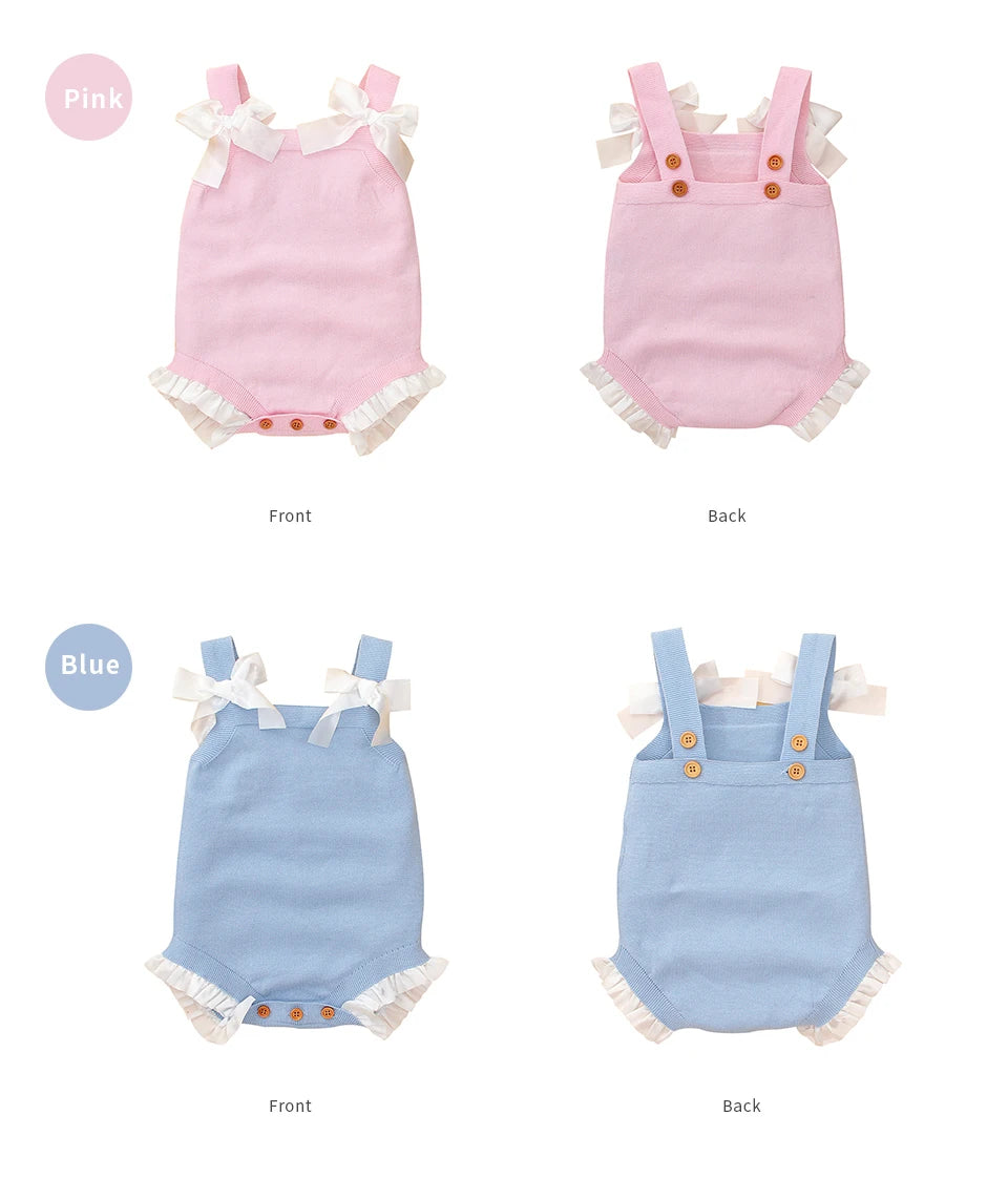 Adorable Bowknot Spaghetti Straps Knitted Sleeveless Newborn Baby Girls Cotton Rompers Breathable Baby Bodysuit For Summer