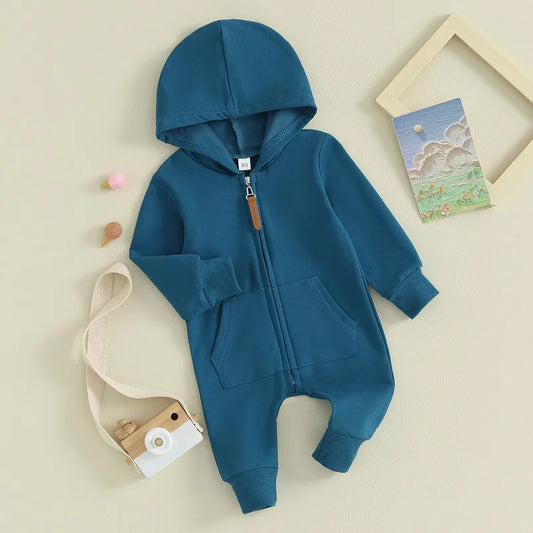 RUEWEY Baby Girl Boy Clothes Newborn Spring Autumn Hooded Romper Solid Color Zipper Jumpsuit for Kids Baby Items Clothing