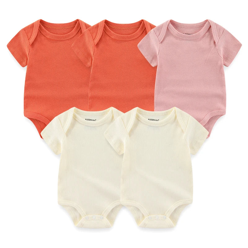 Solid Color 5Pieces Unisex Ribbed Cotton Newborn Baby Girl Clothes Set Short Sleeve Bodysuits Baby Boy Clothes Summer