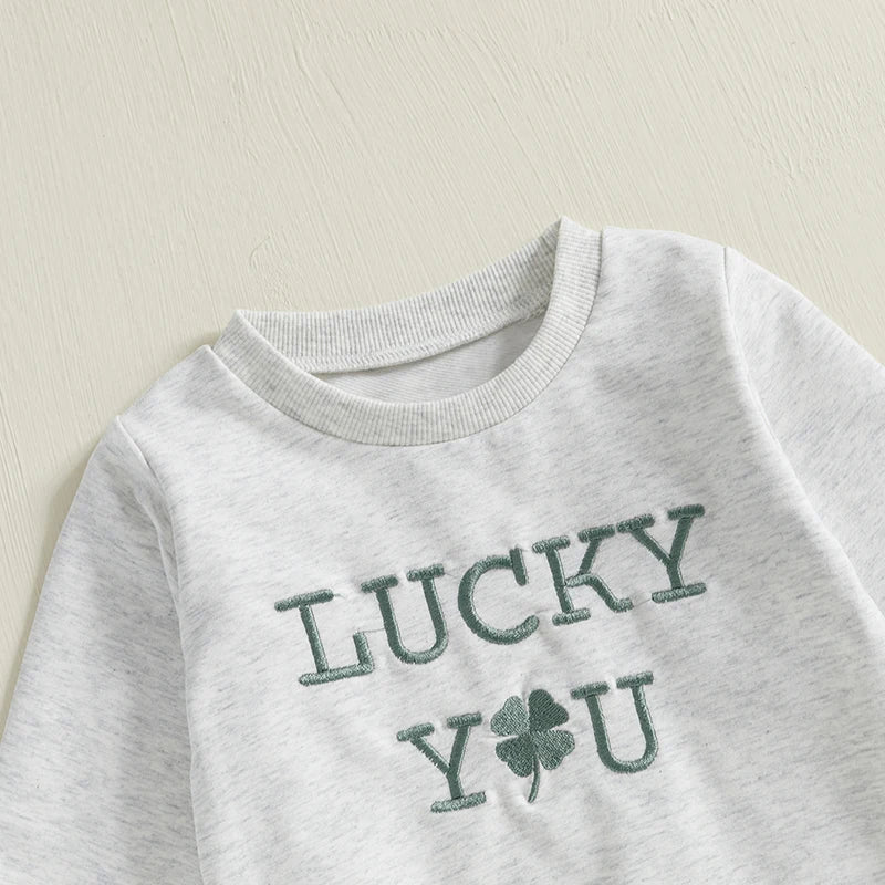 Toddler 2-Piece Spring Ensemble with Shamrock Embroidery Sweatshirt and Pants - St Patrick s Day Outfit for Baby Boy or Girl