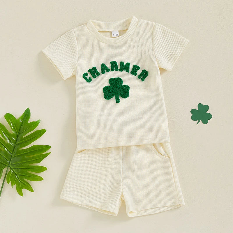 Lioraitiin Toddler Baby Boy Girl St Patricks Day Clover Waffle Short Sleeve Shirt Summer Spring Clothes