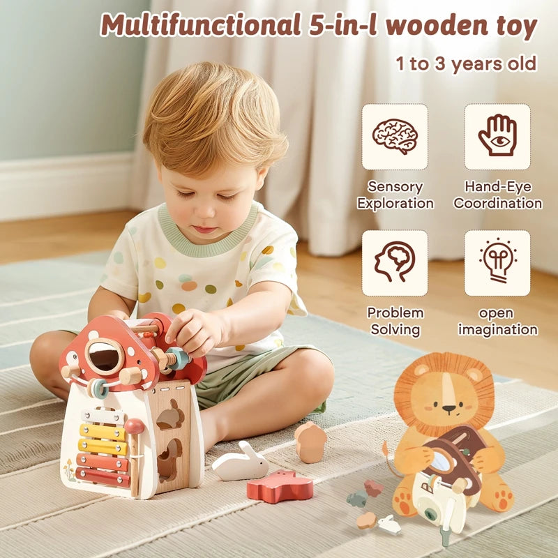 Baby Montessori Toy Wooden Five-in-one Mushroom Castle Stacking Puzzle Toy Kid Houses Blocks Early Childhood Education Game Gift