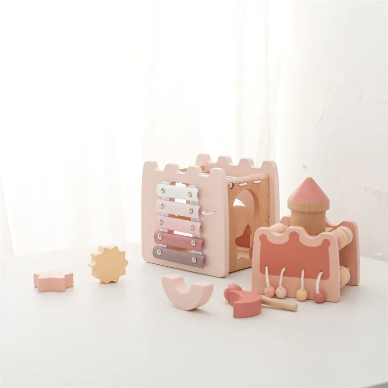 Baby Montessori Toy Wooden Five-in-one Mushroom Castle Stacking Puzzle Toy Kid Houses Blocks Early Childhood Education Game Gift