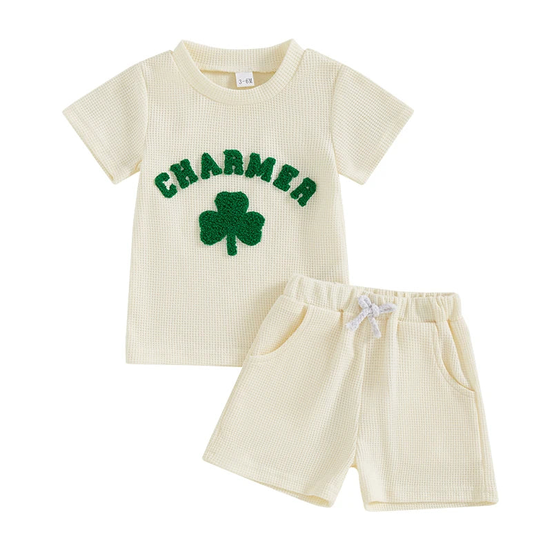 Lioraitiin Toddler Baby Boy Girl St Patricks Day Clover Waffle Short Sleeve Shirt Summer Spring Clothes