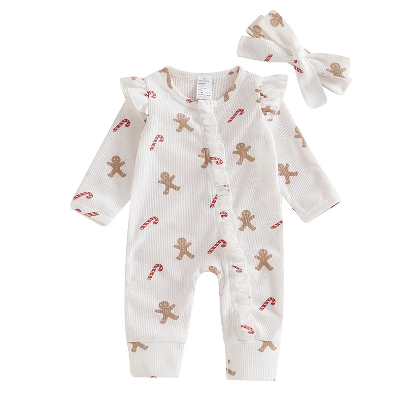 Baby Girl Christmas Outfit Gingerbread Man Jumpsuit Candy Cane Bodysuit Bow Neutral Fall Winter 1 Piece Romper