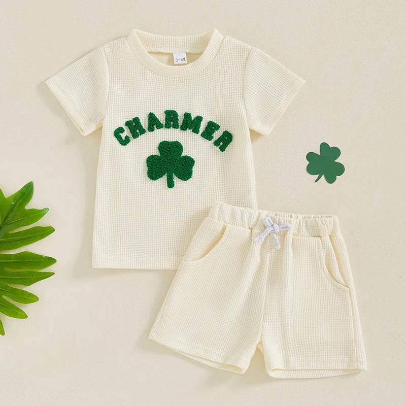 Lioraitiin Toddler Baby Boy Girl St Patricks Day Clover Waffle Short Sleeve Shirt Summer Spring Clothes