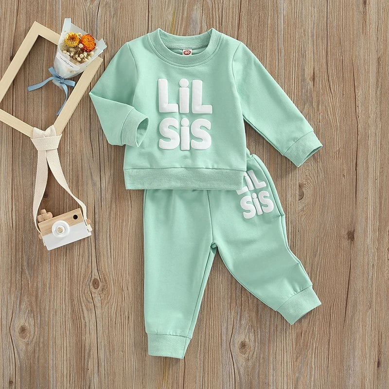 Lioraitiin 0-5Y Autumn Baby Girls Sister Lovely Clothes Sets Letter Printed Long Sleeve Pullover Sweatshirt+Pants