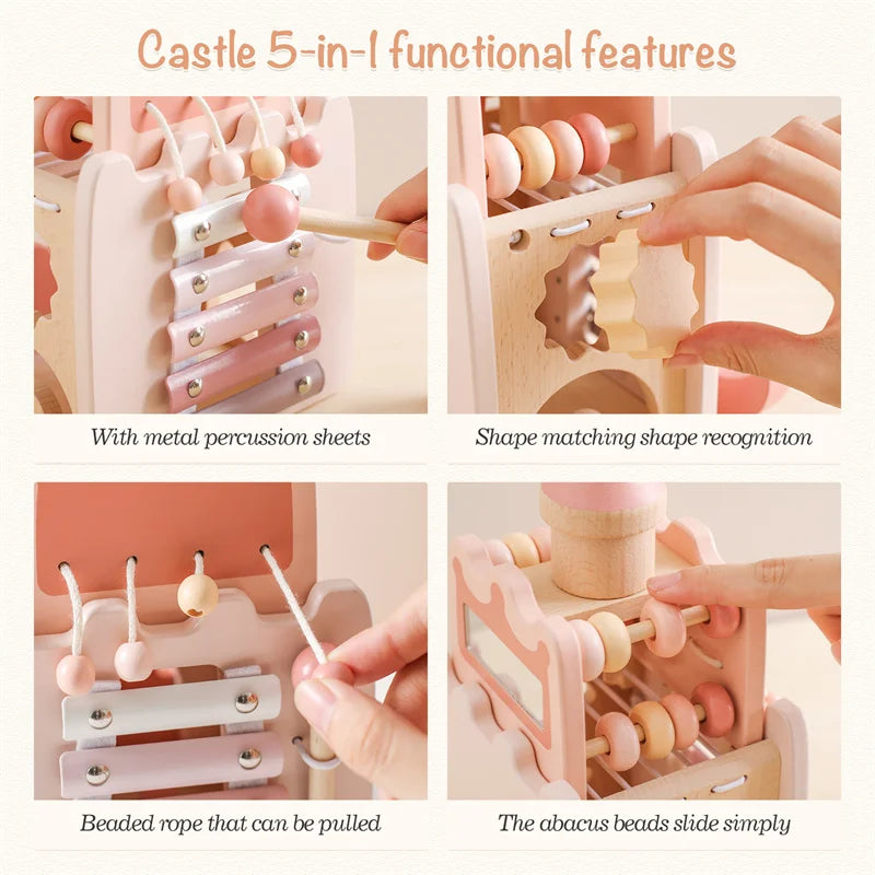 Baby Montessori Toy Wooden Five-in-one Mushroom Castle Stacking Puzzle Toy Kid Houses Blocks Early Childhood Education Game Gift